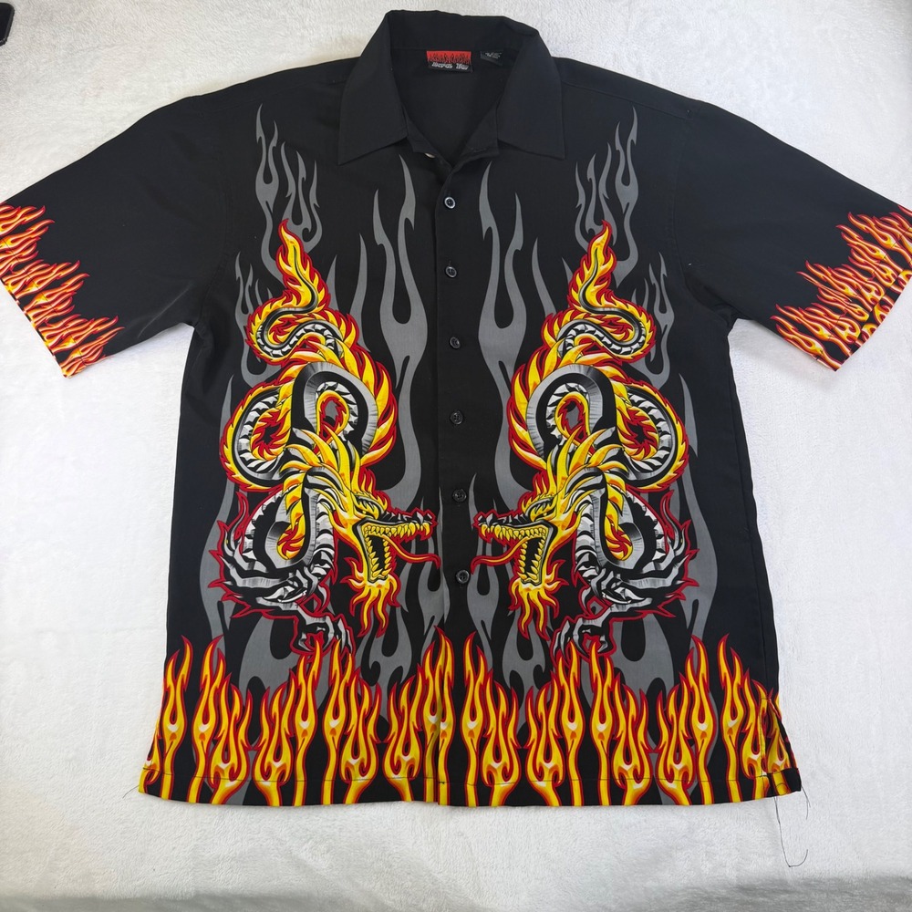 Level Ten Mens Dragon Flame Button Down Shirt Black Y2K Streetwear Medium